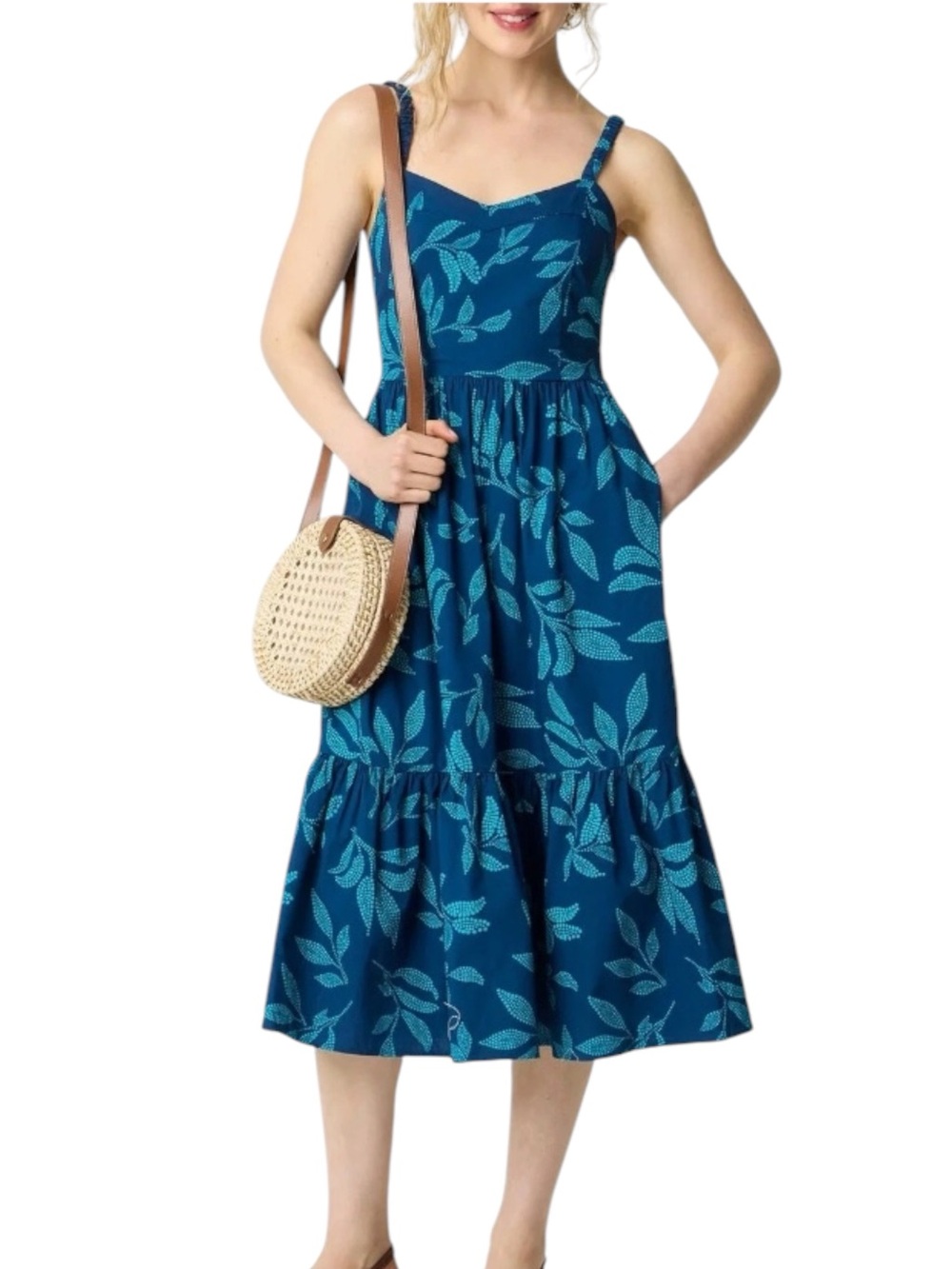 J. Crew Factory Poplin Corset Midi Dress Navy Turquoise 10P